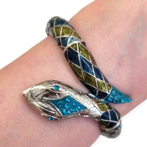 Snake Bracelet Silvertone Metal Serpent Turquoise Blue Green Rhinestone Bangle